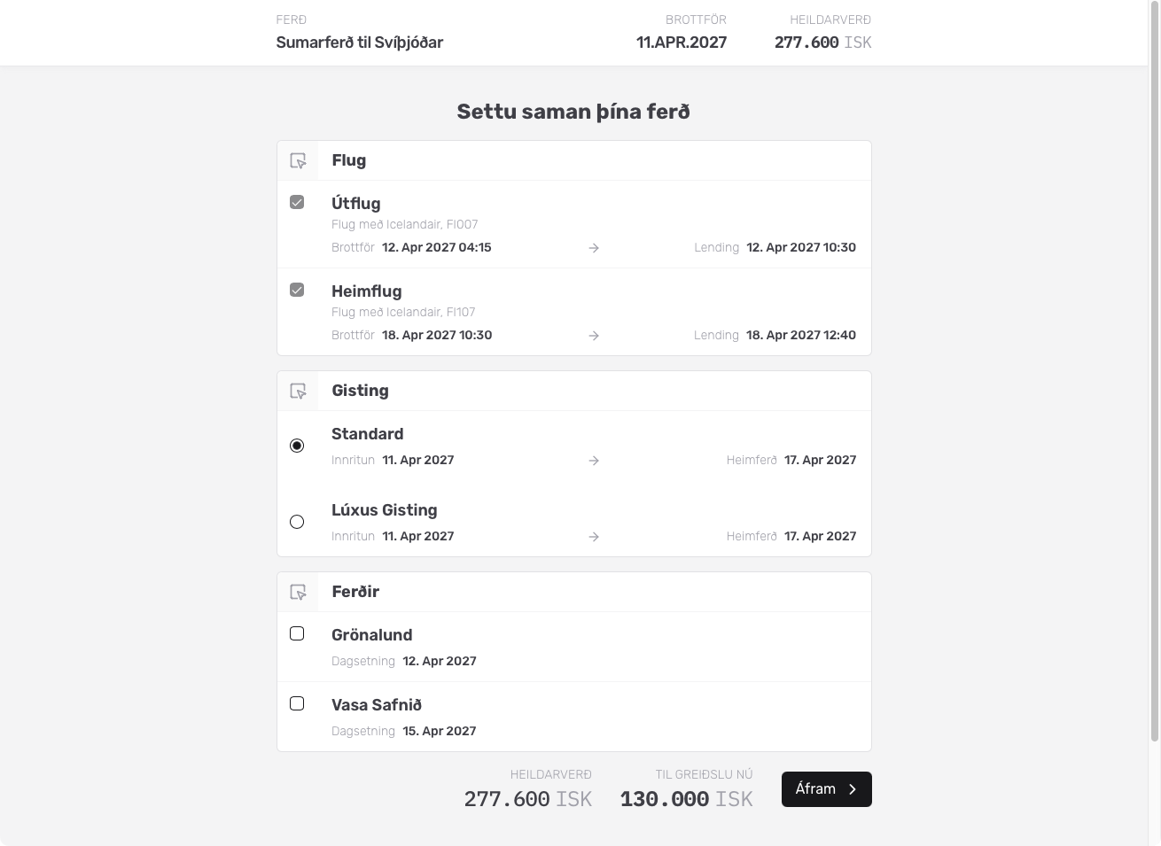 Screenshot of online booking process